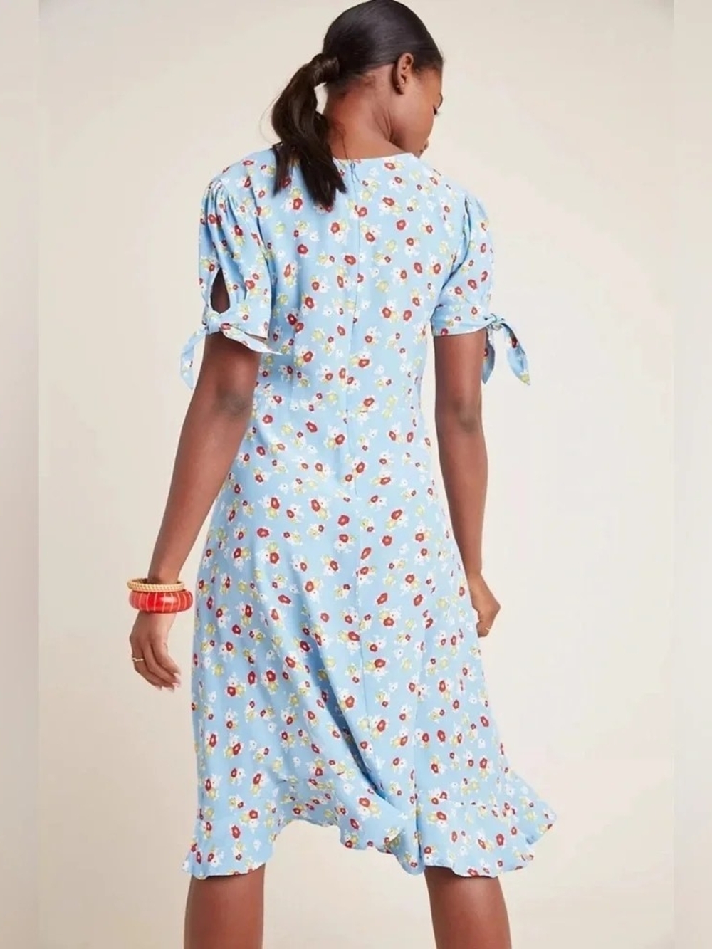 Faithfull the Brand Sky Blue Floral Tie-Sleeve Midi Dress - Picture 2 of 5